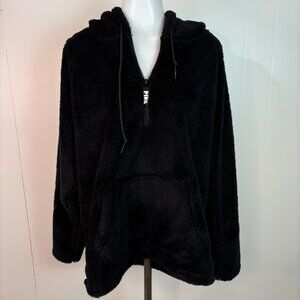 Victoria's Secret PINK Sweatshirt Large Black Fuzzy Fleece Hood 1/4-Zip Pullover